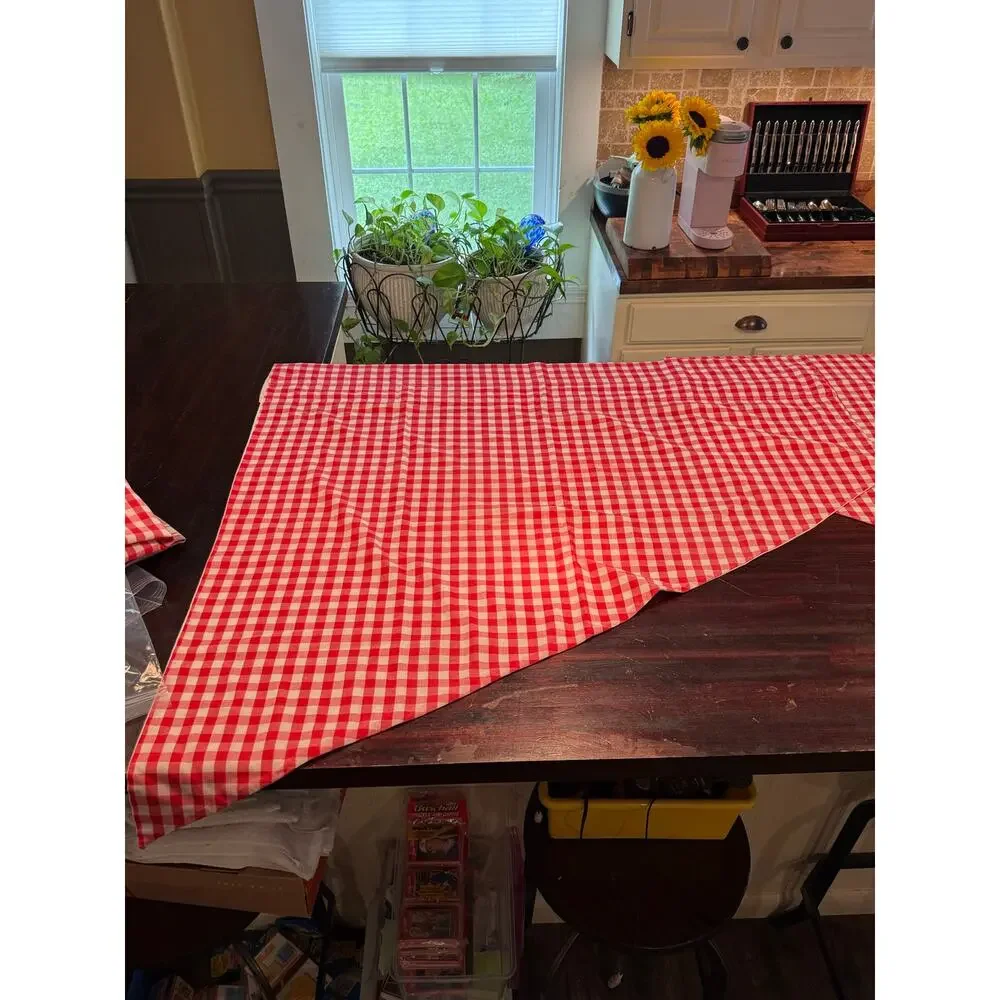 Handmade Red & White Gingham Checkered Kitchen Curtain Set/ Tablecloth